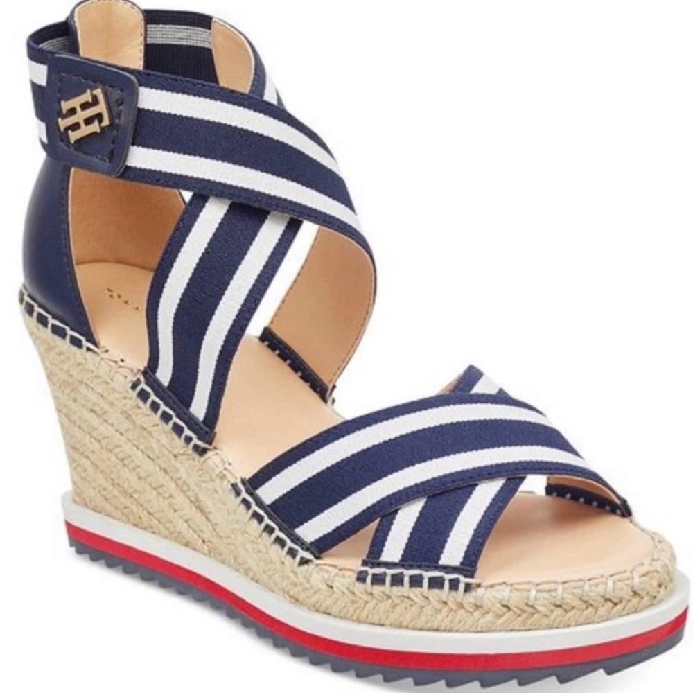 Tommy Hilfiger Striped Navy and White Wedges